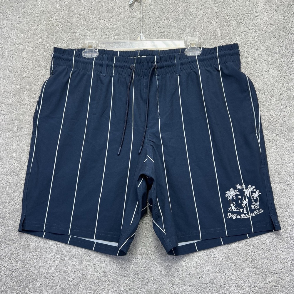 True Linkswear Golf & Leisure Club Shorts Mens XXL Navy Blue Pinstripe Palm Tree